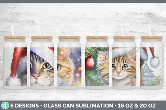 Christmas Cat Glass Can Sublimation Be Illustrations