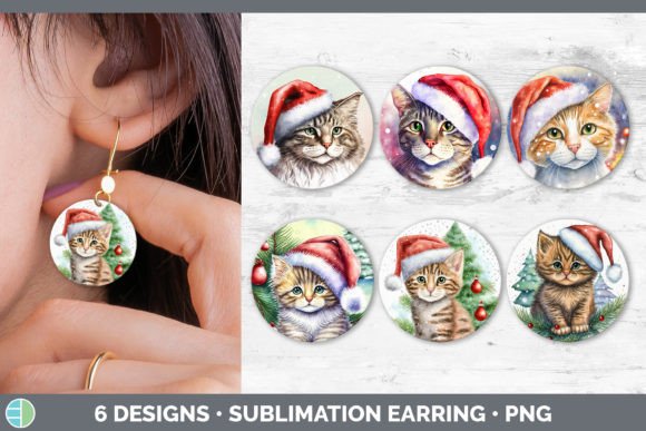 Christmas Cat Round Earring Sublimatio Illustrations
