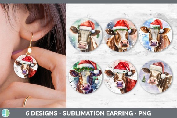 Christmas Cow Round Earring Sublimatio Illustrations for Content Publishing