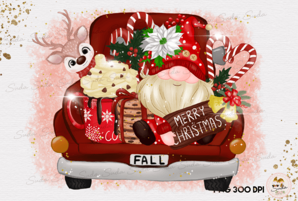 Christmas Cute Gnome Truck Sublimation Illustrations