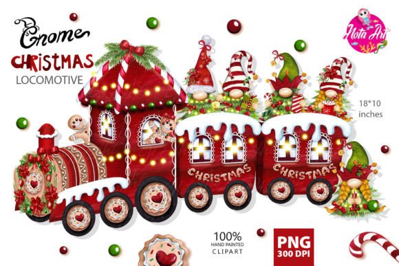 Christmas Train with Gnomes and Christmas Illustrations
