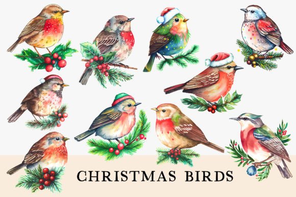 Christmas Watercolor Birds Illustrations
