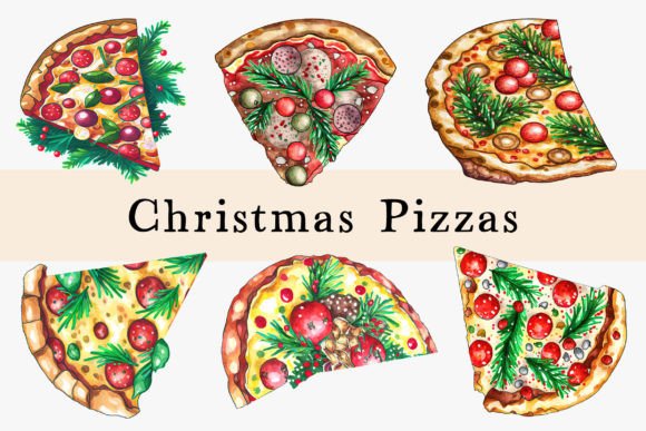 Christmas Watercolor Pizzas Illustrations for Branding