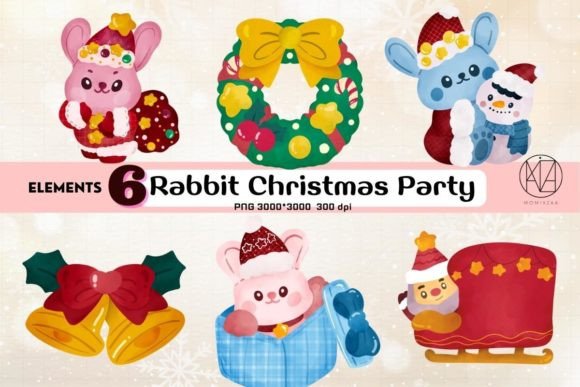 Cute Rabbit Christmas Party Cartoon PNG for Crafting and Design