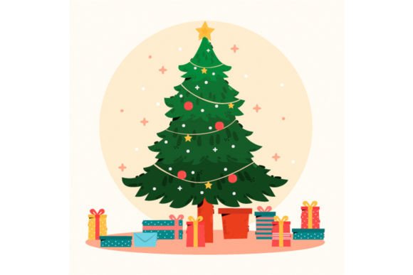 Hand Drawn Christmas Tree with Gift Illustration